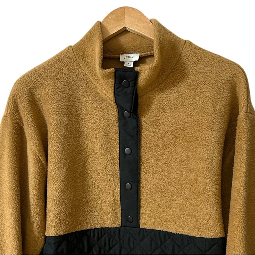 J Crew Factory Quilted Black and Tan Sherpa 1/4 Snap Neckline Pull Over Top - Picture 5 of 12